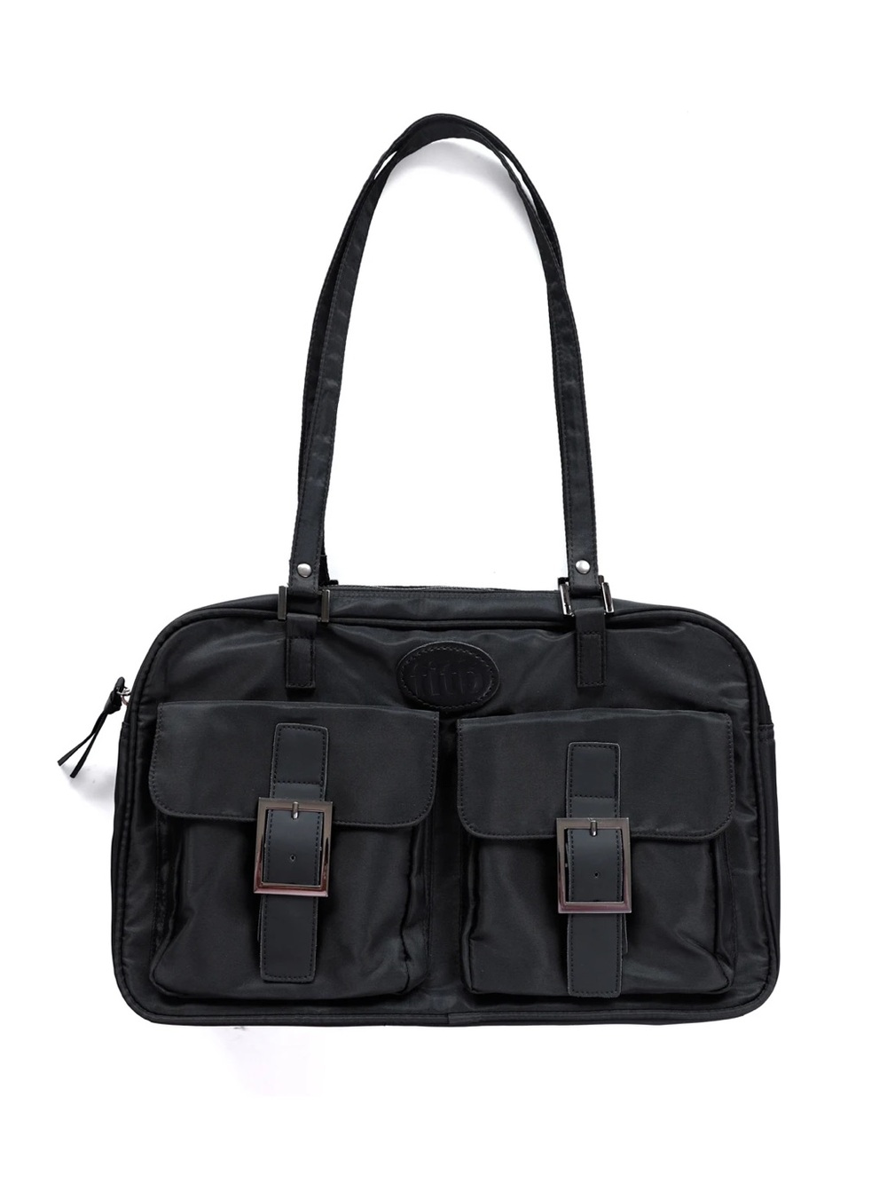 Classic Black Women's Shoulder Bag with Front Buckle Pockets